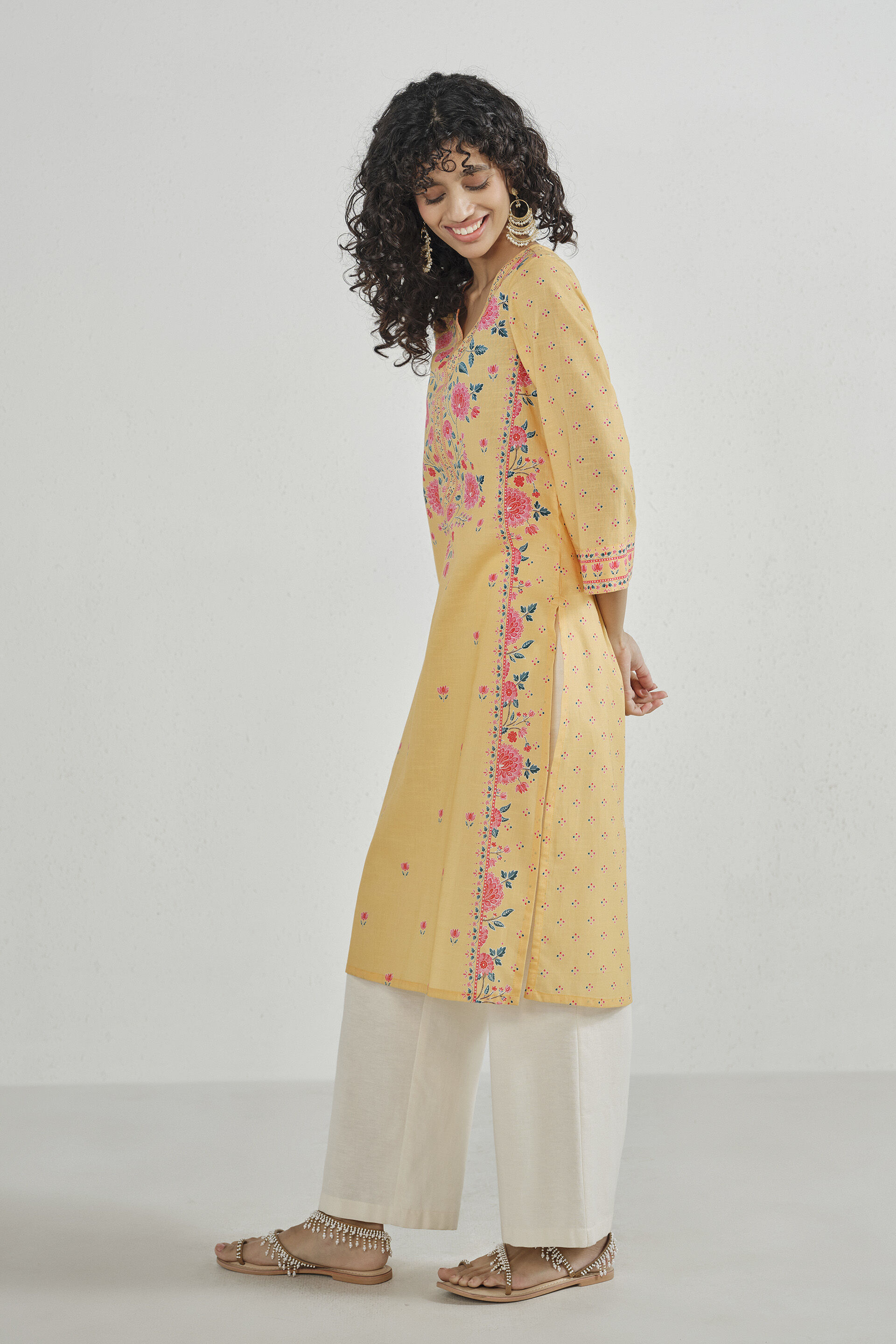 Butter Yellow Printed Cotton Kurta, Yellow, image 3